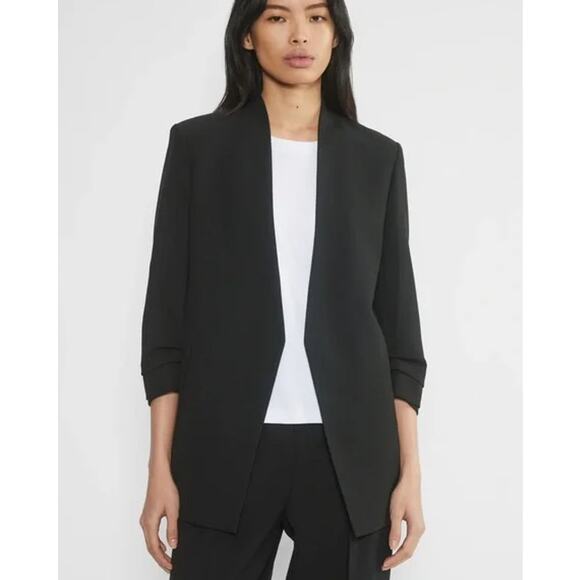 Aritzia Babaton Power Hip Blazer Open Front Ruched 3/4 Sleeve Jacket Crepe Black - Picture 2 of 15